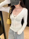 KYLETHOMASW  -  Y2k Sexy Slim Solid V Neck Long Sleeve Lace-up All Match Women's T-shirts