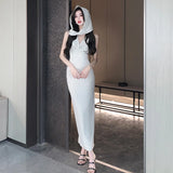 KIylethomasw Summer New Ladies Elegant Chic Strapless Sleeveless Bodycon Long Dresses Slim Women Split Backless Package Hip Dress Vestidos