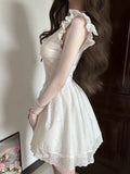KYLETHOMASW  -  French First Love Dress Women Summer White Lace Short Dress Puff Sleeve Hollow-Out Floral Embroidery A-Line Flared Skirt Y2K