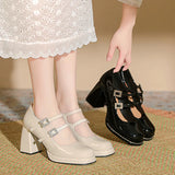 KYLETHOMASW  -  Shallow Mouth High Heel Leather Shoes Slip On Mary Jane Chunky Sandals Increasing Height Clogs for Women Lace-Up Navy Blue Pumps