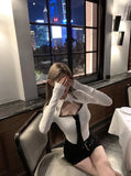 KYLETHOMASW  -  Y2K Hollow Out T Shirts Women Streetwear Sexy Lace Tie White Crop Tops Fashion Grunge Patchwork Long Sleeve Design Tees