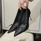 KYLETHOMASW  -  Women's Shallow Stiletto Pointed Toe Rivet Sexy Spring and Autumn New Bow High Heels