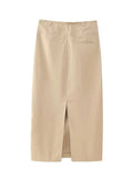 Kylethomasw  Woman Chic High Waist Slim Hem Slit Skirts Women Elegant Casual Khaki Zipper Pocket Decorate Long Skirt Streetwear