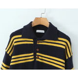 KYLETHOMASW  -  American Retro Lapel Collar Knitted Sweater For Women Long Sleeve Casual Loose Autumn Striped Pullovers