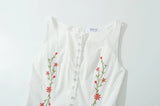 KYLETHOMASW  -  Sexy White Embroidery Floral Low Waist Mini Tank Dress Women Open Buttons Neck Bodycon Sleeveless Ruched Hem Swing Party Robe