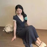 KYLETHOMASW  -  French Retro Lace Patchwork Maxi Dress Polka Dot Sweet Slim Short Sleeve Dress V Neck Preppy Style Summer Beach Party Vestidos