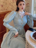 KYLETHOMASW  -  French Vintage Autumn Midi Dresses for Women Puff Sleeve Half High Collar Patchwork Lace A-line Retro Princess Dress Vestidos