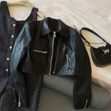 KYLETHOMASW  -  Vintage Cropped Pu Leather Jacket Women Streetwear Black Motorcycle Coat Fall Winter Long Sleeve Zipper Chic Outerwear New