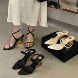KYLETHOMASW  -  Fashion Design Wedges High Heels Women Sandals Street Style Buckle Strap Pointed Toe Banquet Shoes Summer Pumps