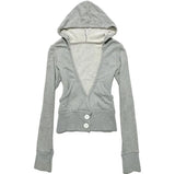 KYLETHOMASW  -  Women's Y2K grey hooded pullover sweater slim V-neck double-buttoned long sleeves retro casual coat unique design Autumn punk