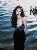 KYLETHOMASW  -  Velvet Slip Dress Women Summer Embroidery French Vintage Slim Robe Halter Dresses for Women Korean Fashion Vestidos