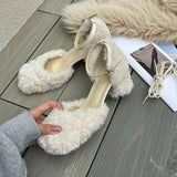 KYLETHOMASW  -  New Brand Women Sandal Fashion Furry Ladies Elegant Square Low Heel Dress Pumps Shoes Outdoor Slingback Shoes