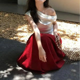 KYLETHOMASW  -  Red High Waist A-Line Skirt French Elegant Pleated Long Skirt Women Summer Loose Fashion Club Party Maxi Skirt Mujer Faldas 381A
