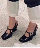 KYLETHOMASW  -  Fashion Black Patent Leather Mary Janes Slingbacks Women Pumps Spring Summer Wave Toe Chunky High Heels Office Lady Daily Shoes