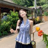 KYLETHOMASW  -  Women Summer Halter Neck Sleeveless Backless Blouse Top Lace Trim Boho Peplum Camisole Elegant Holiday Beachwear Korean Style