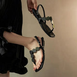 KYLETHOMASW  -  Women Beaded Clip Toe Flat Sandals Square Open Toe Ankle Buckle Strap Flip Flops Summer Beach Casual Dress Shoes