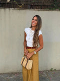 KYLETHOMASW  -  Minimalist Gold Satin Wide Leg Pants Women's French Office Ladies Lazy High Waist Loose Pants Trousers Women