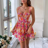 KYLETHOMASW  -  New Summer Pink Floral Print Women Dress Colorful Spaghett Strap Dresses Square Neck Short Dress Beach Style Casual Mini Dresses