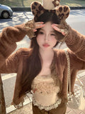 KYLETHOMASW  -   Kawaii Casual 2 Piece Sets Women Y2k Crop Top Corset Vest + Cardigan Coats 2000s American Y2k Vintage Suits Chic Outfis Autumn