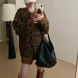 KYLTHOMASW  -  Sweet Hot Girl Leopard Print Loose Knitted Cardigan Women's Autumn and Winter Retro O-neck Long-sleeved Sweater Female Clothes