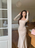 KYLETHOMASW  -  French Vintage Women Beige Elegant Square Neck Fishtail Evening Party Dresses Autumn Long Sleeve Vacation Pleated Wrap Hip Dress
