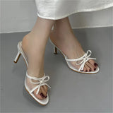 KYLETHOMASW  -  Summer Fashion Butterfly-knot Breathable Holes Mesh Open Toe Woman Slippers Thin High Heels Party Dress Shoes