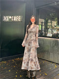 KYLETHOMASW  -  Retro Printed V-neck Kink Dress for Women in Spring and Autumn Slim Temperament Seaside Vacation Atmosphere