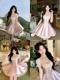 KYLETHOMASW  -  Sweet Lolita Mini Dress Women Pearl Lace Trim Bowknot Puff Sleeve High Waist Ruffle Princess Kawaii Japanese Fashion Daily Wear