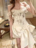 KYLETHOMASW  -  French Hottie Vintage Elegant Women 2 Piece Set Y2k  Design Lace Tops + Chic Bow Mini Skirt  Female Princess Party Dress Outfits