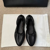 KYLETHOMASW  -  High Quality Elegant Women's Leather Ruched Bow Ballet Flats Round Toe Slip on Soft Sole French Vintage Casual Daily Flat Shoes