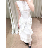 KYLETHOMASW  -  White Summer Sleeveless Dress Women's Spliced Lace Bow Loose Long Vest Dress K-Style Lightweight Instagrammable Photogenic