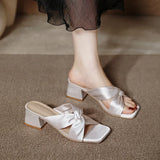 KYLETHOMASW  -  French Style Satin Soft Surface Comfortable Simple Open-Toe Square Head High Heel Beach Sandals Rubber Sole Square Toe Shoes