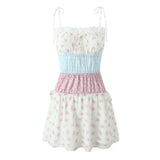 KYLETHOMASW  -  Holiday Women Contrast Color Floral Print Bow Lacing up Sling Dress Splice Lace Slash Collar Drawstring Low Waist Mini Robe
