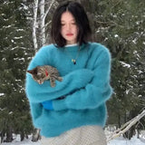 KYLETHOMASW  -  Autumn and Winter New Fashion Furry Blue Mink Fur Sweater for Women Round Neck Simple Loose Casual Knitted Pullovers Women Tops