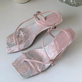 KYLETHOMASW  -  High Quality Original Designer Women Sandals Elegant Satin Floral Design Heels Ankle-Wrap Clip Toe Summer Sandals Dress Shoes