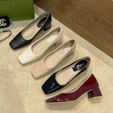 KYLETHOMASW  -  Solid Japanned Leather Pumps Woman Block High Heels Shoes OL Ladies Dress Work Escarpins Femmes Designer Luxury Tacones Mujer