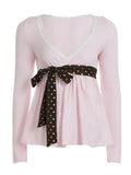 KYLETHOMASW  -  French Sweet Lace Patchwork Polka Dot Bow Slim V Neck Long Sleeve Solid T-Shirts