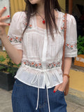 KYLETHOMASW  -  Korean Chic Summer French Ethnic Embroidery Flower Pleat Drawstring Waist Cinching Slim Versatile Short Sleeved Shirt