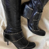 KYLETHOMASW  -  Designer Rivet Strap Tall Boots for Women Punk Gothic Knee Women's Boots Vintage Stiletto Leather High  Long Boots Botas Mujer