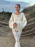 KYLETHOMASW  -  Cream Chunky Knit Loose Sweater Bow Tie Backless Lantern Sleeve 2025 Autumn Fashion Sweet Lady Top Holiday Elegant Chic Cardigan