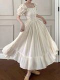 KYLETHOMASW  -  Elegant Women's Square Neck White Dress Summer French Fashion Bubble Sleeves with Ruffle Edge Women Unique Retro Long Dress New