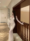 KYLETHOMASW  -  Spring French Sexy Elegant 3D Flower Evening Gown Women Backless Flared Sleeves Lace Bandeau Dress Chic Banquet Party Gown