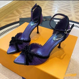 KYLETHOMASW  -  Sexy Lace Bowknot High Heels Women Pleated Designer Sandals Female Satin Pointed Toe Pumps Banquet Party Shoes Ladies