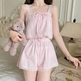 KYLETHOMASW  -  Sweet Pink Pajama Set for Women's Summer Pure Cotton Camisole Vest Elastic Waist Wide Leg Shorts Two-piece Set