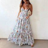 KYLETHOMASW  -  Elegant Sleeveless Hollow Out Pleat Dress Summer New High Waist Backless Evening Dress Sexy Low Cut Halter Floral Printed Dress