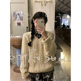 KYLETHOMASW  -  Vintage Sweater Women Harajuku V Neck Knitted Pullovers Winter Korean Long Sleeve Knitwears Streetwear Casual Jumpers New