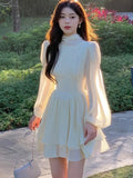 KIylethomasw Women French White Chiffon Dresses Summer Elegant Sleeve Slim Puff Sleeve bodycon Gentle Fairy Short Dress