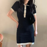 KYLETHOMASW  -  Turn Down Collar Knitted Dress Women Short Sleeve Mini Dress High Waist Dresses Korean Elegant Office Lady Bodycon Vestidos N324