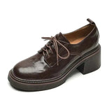 KYLETHOMASW  -  Womens Cowhide Lace Up Flat Shoes Oxford Round Toe Retro British High-Quality Soft Comfortable All Season Daily Shoes