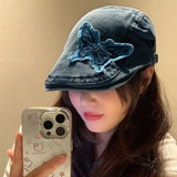 KYLETHOMASW  -  Japanese Retro Washed Vintage Butterfly Patch Cowboy Hat for Women Spring/Summer Hats Cute Beret Cape Beanie Bonnets for Women